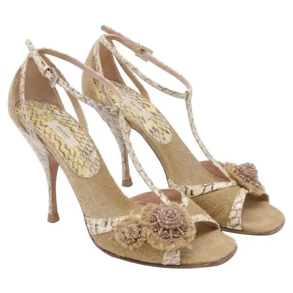 Prada Embellished Snakeskin Accent Sandal Heels in Beige Jute Linen - Picture 3 of 12